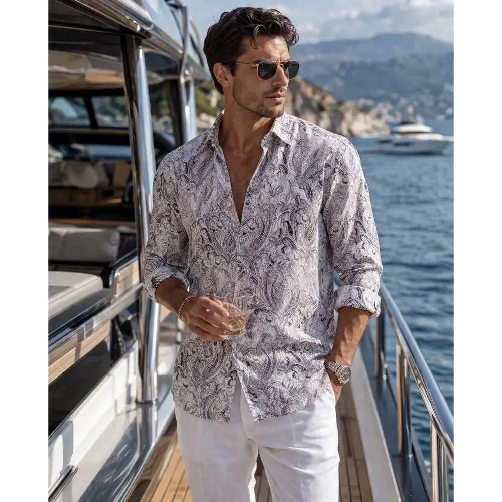 Tasso Elba Medium Button Down Paisley Purple Long Sleeve Shirt 100% Linen - Picture 2 of 9